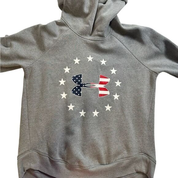 EUC Under Armour UA Unisex Gray Hoodie Red White Blue Graphic Sweatshirt- Size M - Picture 2 of 7